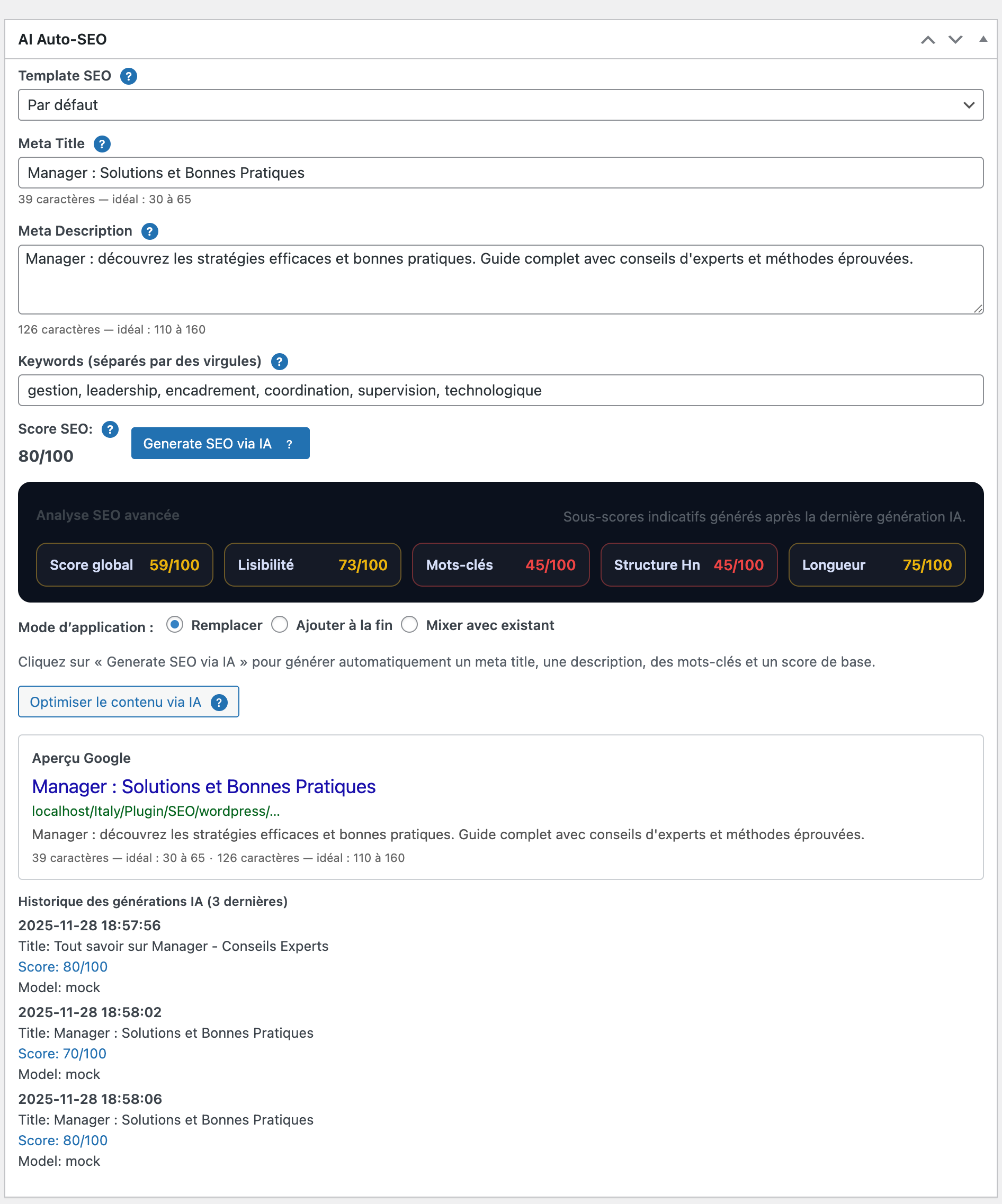 AI Auto-SEO meta-box in post editor